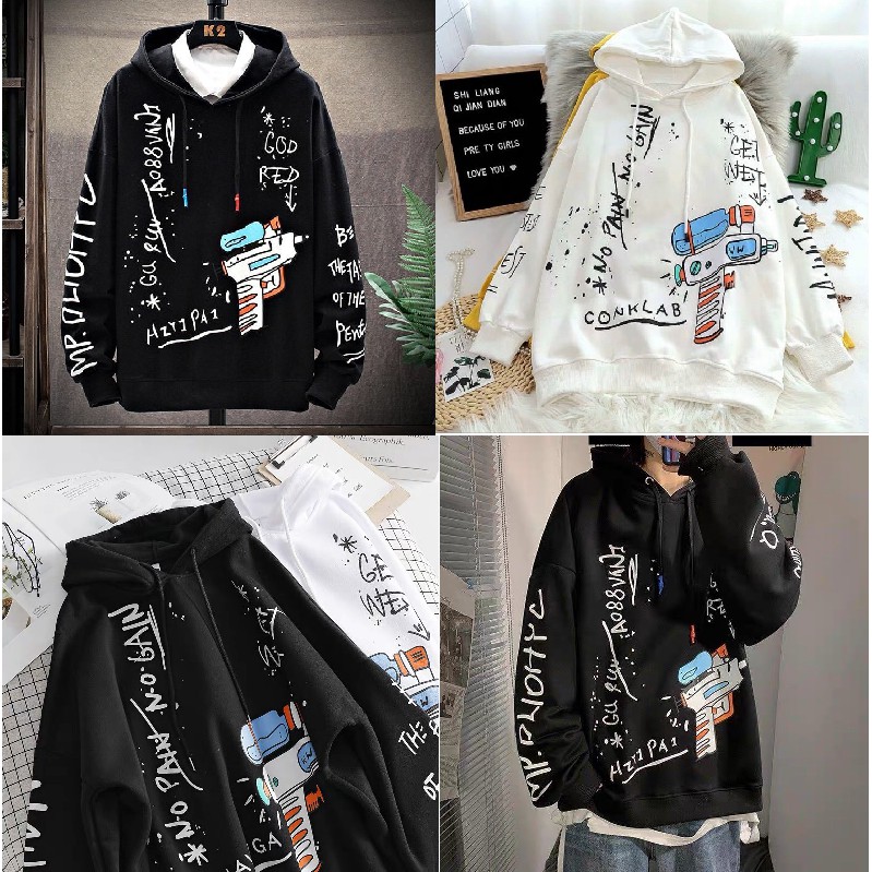 ÁO HOODIE UNISEX NAM NỮ MÀU ĐEN TRẮNG IN SÚNG NƯỚC VẢI NỈ POLY