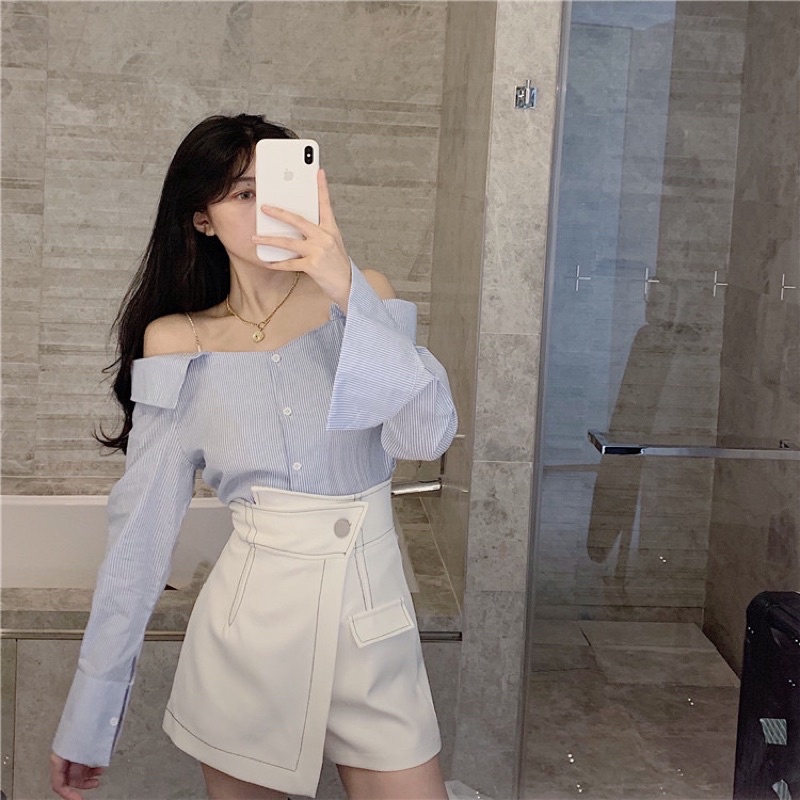 [ Ảnh và video thật] Quần giả váy cạp cao vạt chéo chỉ nổi siêu hot 2021