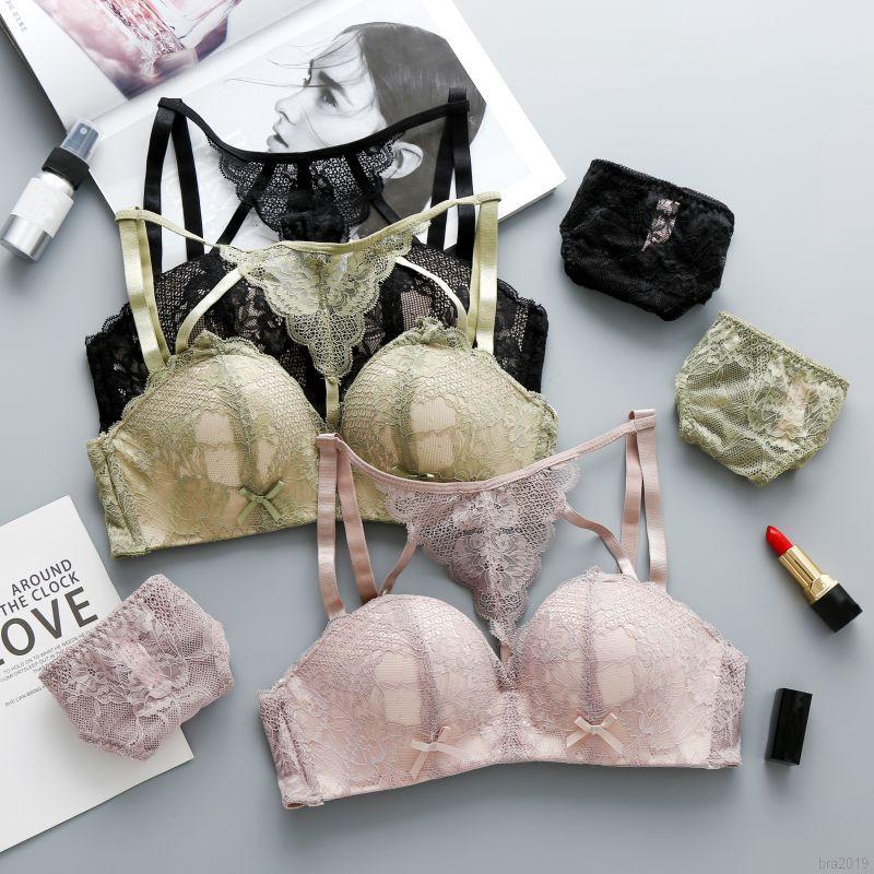 Set áo ngực Women's Lace No Steel Ring Gathering Adjustable Bra + Panties Set