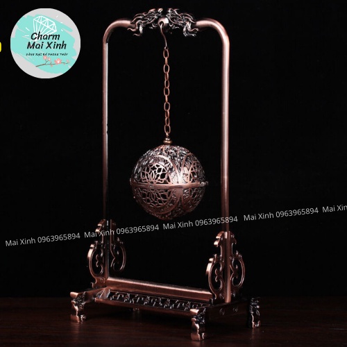Bộ Khung Lư Treo Tròn Đồng Đúc Hoa Văn xông, đốt nụ Trầm - Lư Xông Hương Kèm Lót Bông Chống Cháy