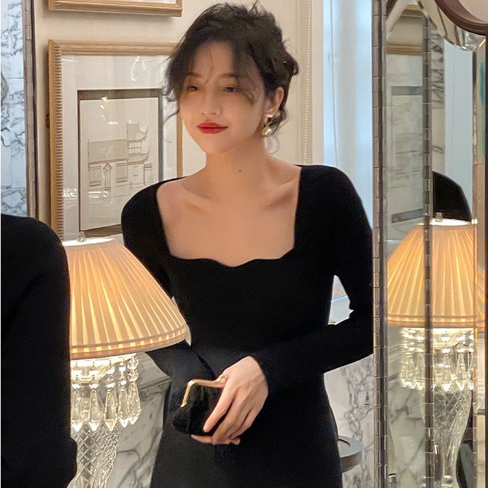 Sản Phẩm mới mùa thu!F &amp; X Đầm Dệt Kim Dáng Dài Ôm Eo Cao Thời Trang Thu Đông 2022 Phong Cách Hepburn Pháp Cao Cấp