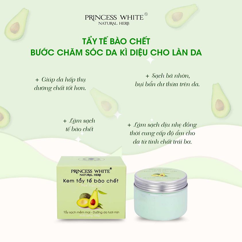 KEM TẨY TẾ BÀO CHẾT TINH CHẤT TRÁI BƠ PRINCESS WHITE HỘP 100G