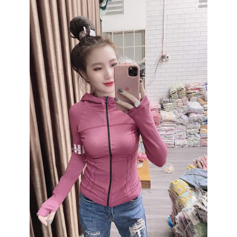[Size S M L XL] Áo khoác thể thao nữ, tập Gym, Yoga Viền tay chữ [Xanh, Xám, Hồng Da, Tím, Hồng xí muội] [VT] &amp; [L22]