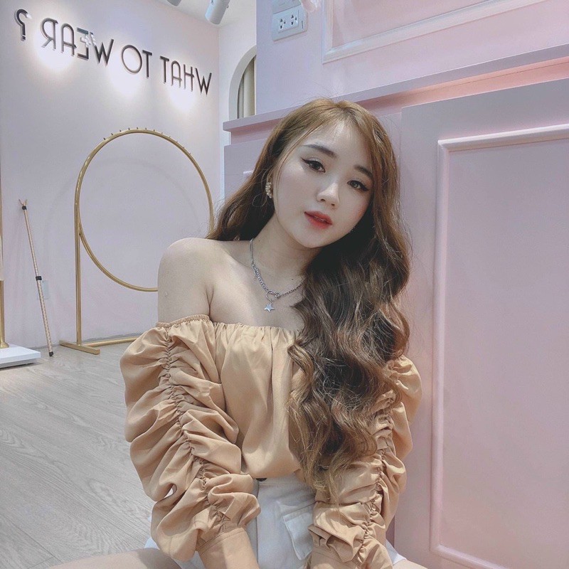 Áo croptop trễ vai, tay may chun nhún, vải đẹp có lót lưới