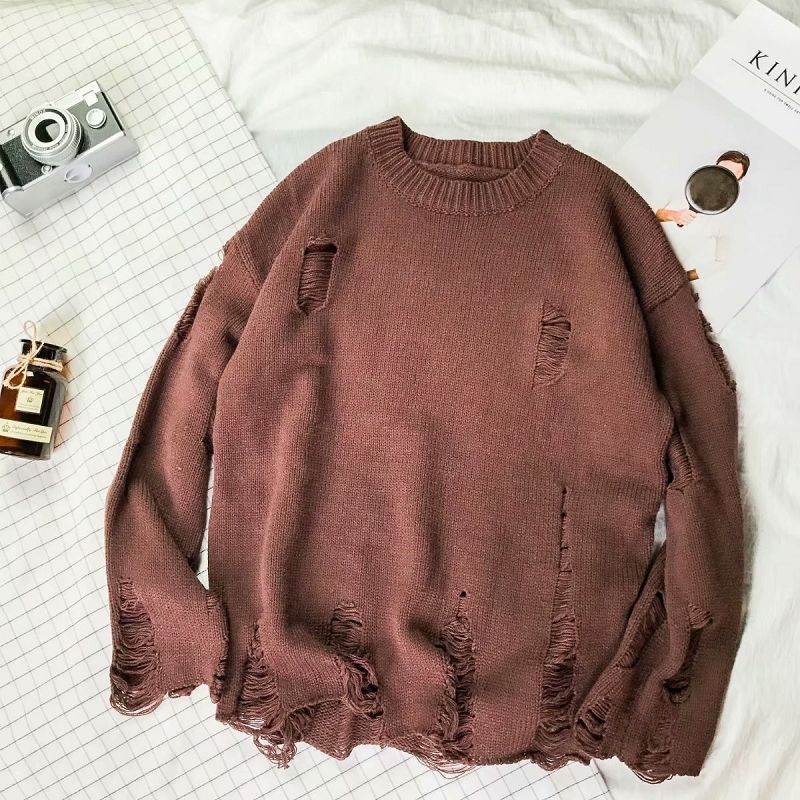 Áo sweater cổ tròn dáng rộng thiết kế rách thời trang thu đông cho nam và nữ