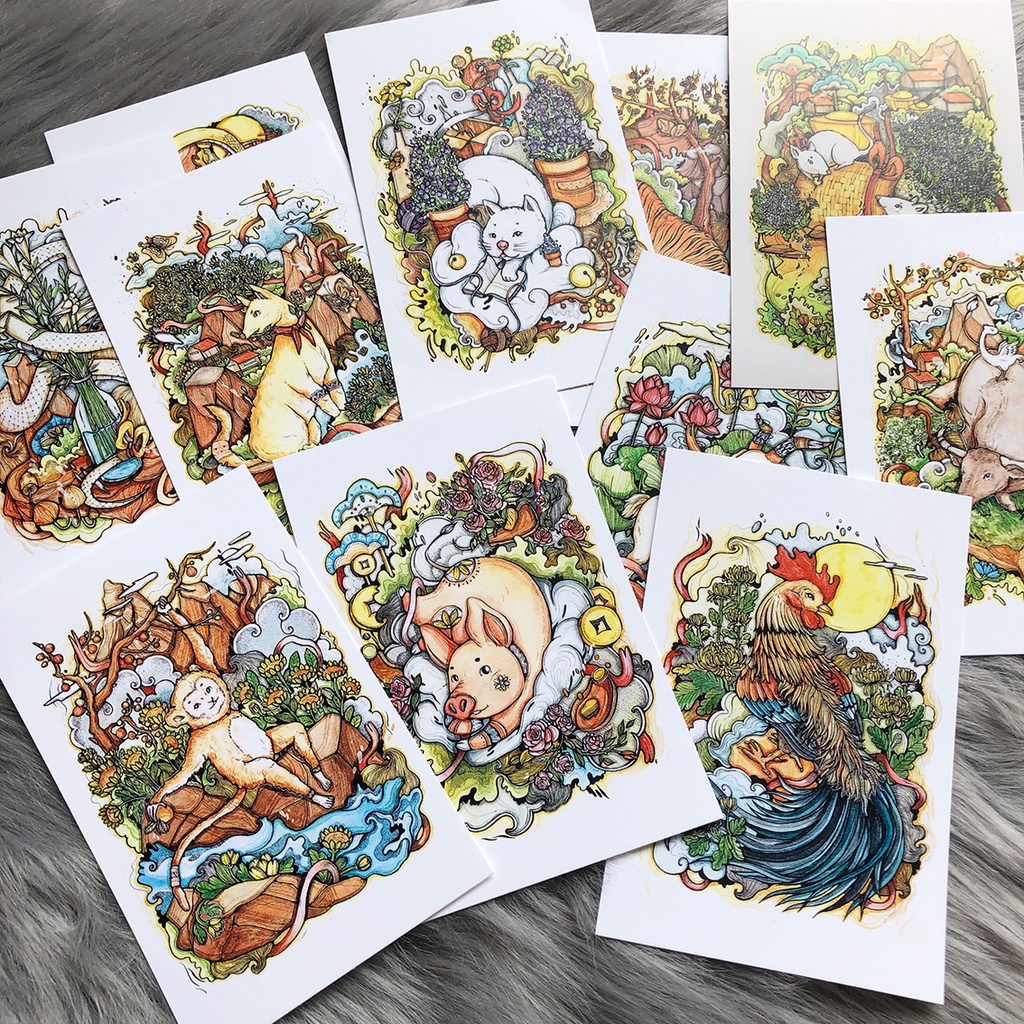 Postcard, Thiệp chúc mừng, Tranh trang trí BST Hình vẽ 12 Con Giáp Việt Nam  kèm bao thư Kraft