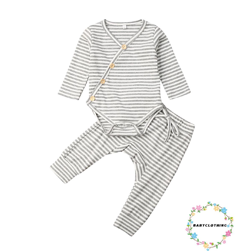 Set áo liền quần + quần dài kẻ sọc phối nút dễ thương cho bé