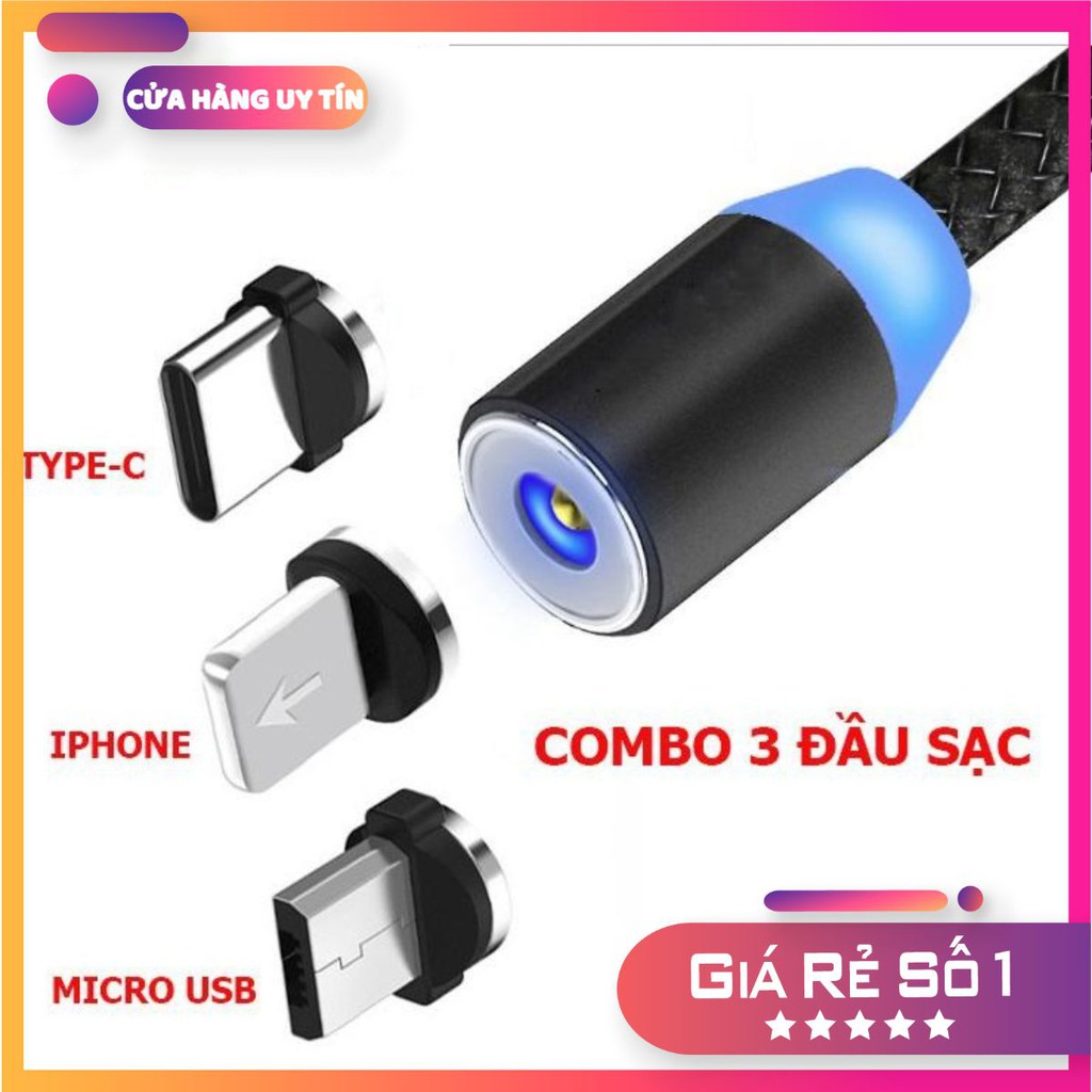 [HÀNG CHUẨN] Cáp sạc từ hút nam châm đầu Iphone/ micro USB/ Type C xoay 360 độ dây dù,có LED cao cấp