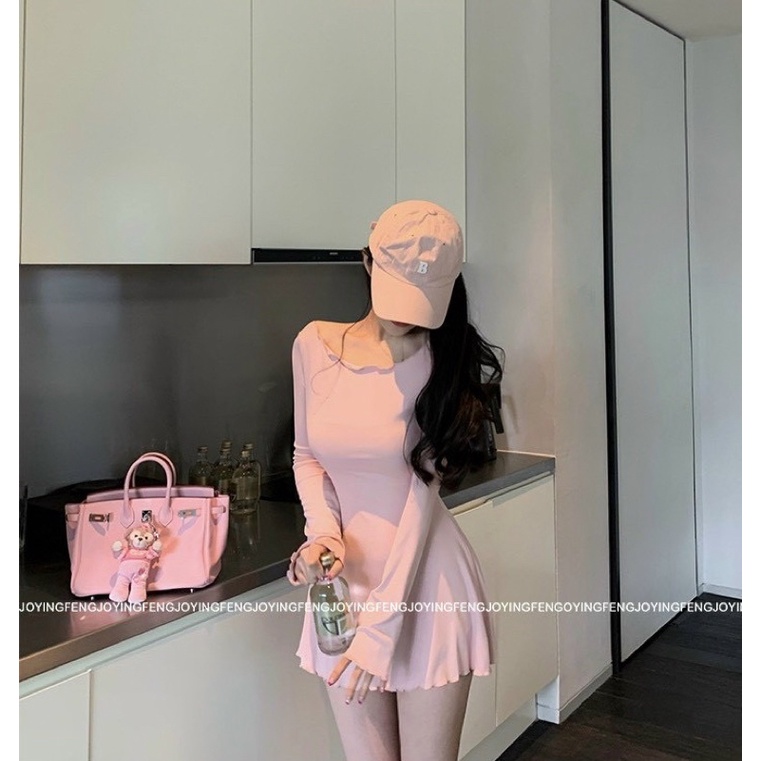 ❤Đầm dây lưng nhún ngực hồng xinh