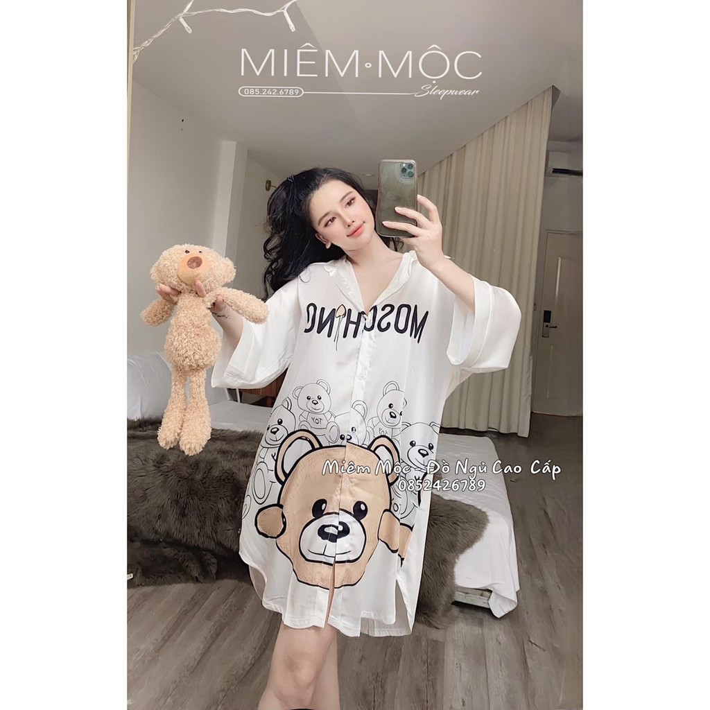 Váy ngủ lụa sơ mi gấu lớn MIEMMOC chuẩn hàng lụa warm QCCC - hàng có sẵn ( video+ảnh thật)