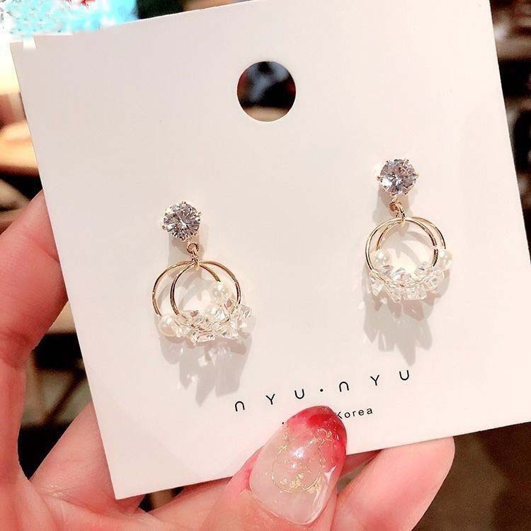 Bông tai kim loại đính ngọc trai nhân tạo phong cách Hàn Quốc