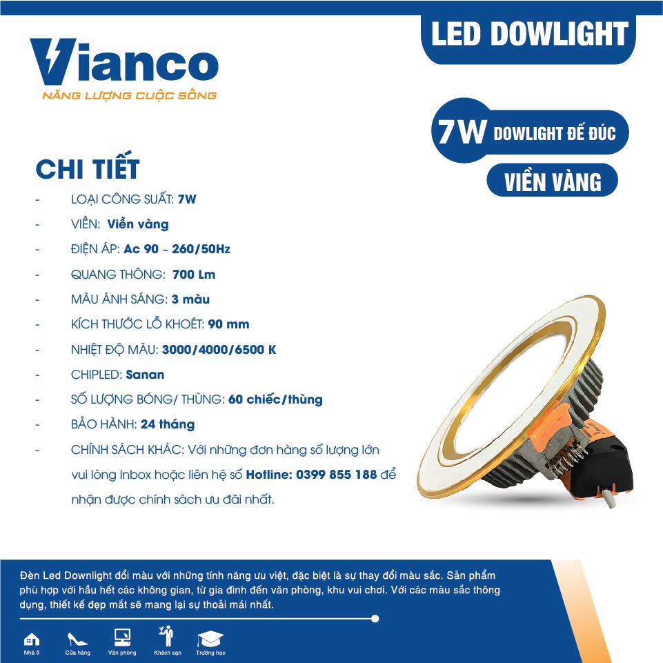 Đèn Led Âm Trần Downlight VIANCO 7W Làm Từ Hợp Kim Nhôm Cao Cấp, Thiết Kế Hai Loại Đế Viền Đổi Màu