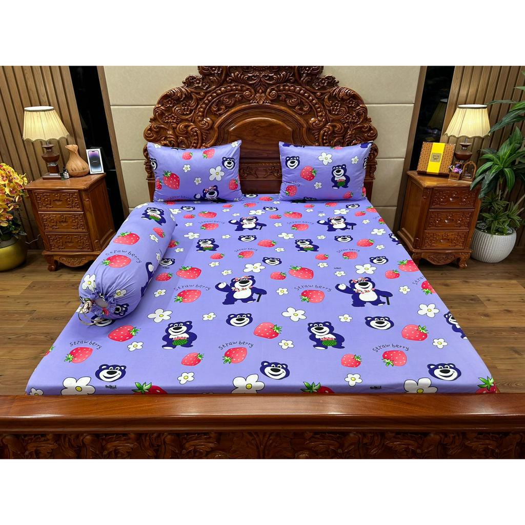 Bộ ga gối mẫu gấu hoa dâu-thun hàn quốc 3D Vạn Phát