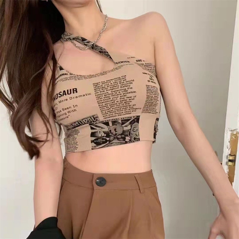 Áo Hai Dây Họa Tiết Tờ Báo Thời Trang Cho Nữ