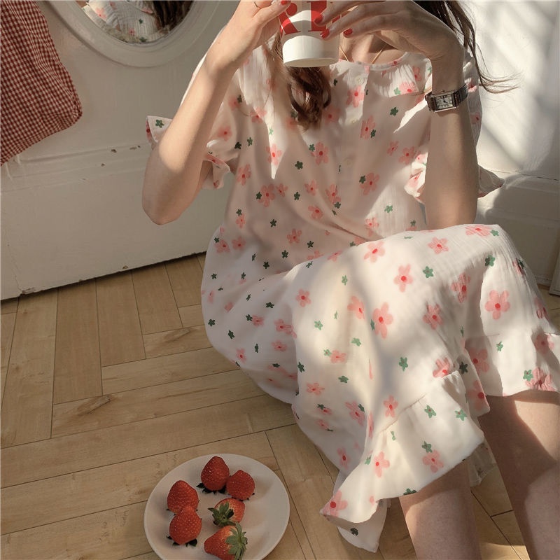 Đầm ngủ tay ngắn dáng dài in hoa kiểu hàn quốc thời trang mùa hè cho nữ