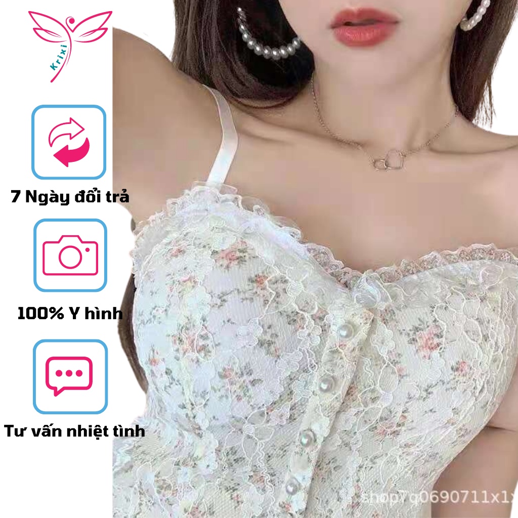 Áo 2 dây ren hoa nhí Krixi trễ vai lung chun co dãn có sẵn mút đệm ngực siêu xinh 1202 màu đen, trắng