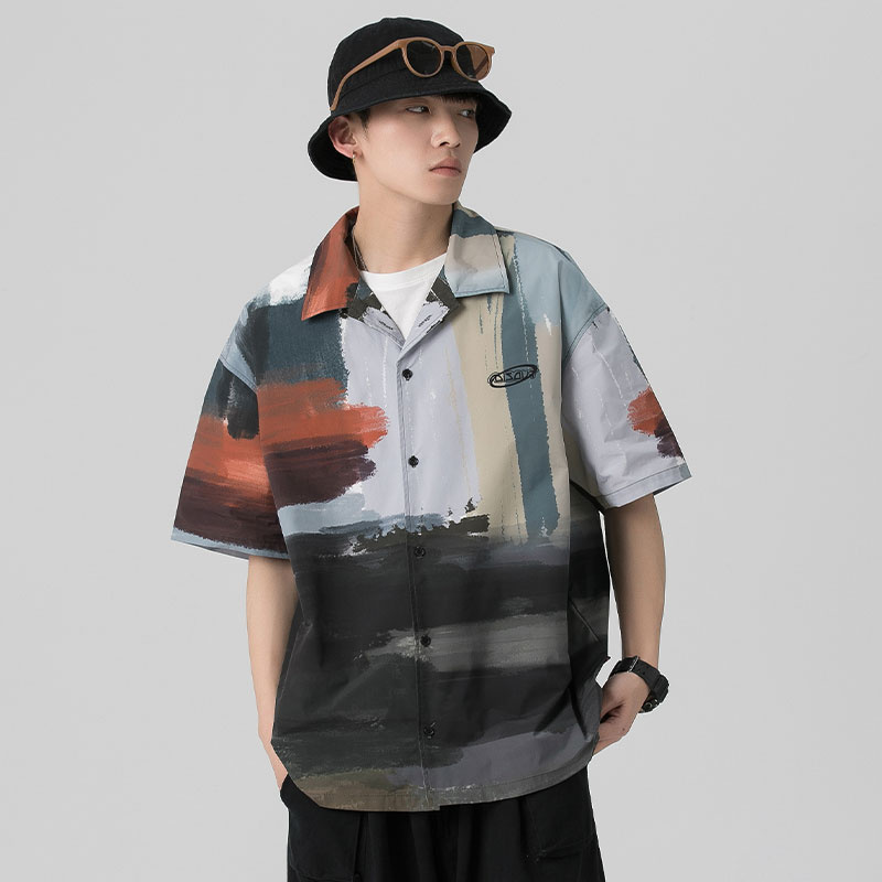 【Grey】M-2XL Oversized Shirt Casual Loose Shirts Korean Tops Shirt Men's Short-sleeved Shirt Japanese Style Lazy Wind Summer Loose Half-sleeved Trend Casual Graffiti Color Shirt