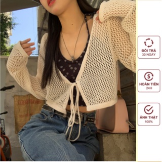 Áo Khoác Nữ Cardigan Len Lưới Mỏng Trơn Màu Có Dây Buộc