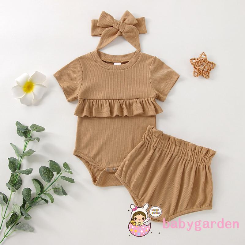 BABYGARDEN-0-18months Baby Girl´s Set, Solid Color Short Sleeve Ruffle Romper + Elastic Waist Shorts + Headwrap
