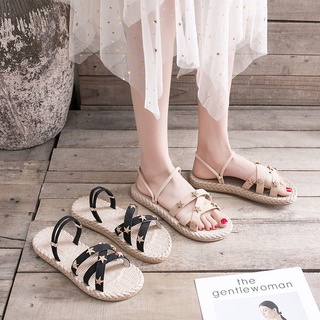 Dép Sandal nữ đế bằng quai mảnh đính đinh da lộn êm chân đi được 2 kiểu-SB17