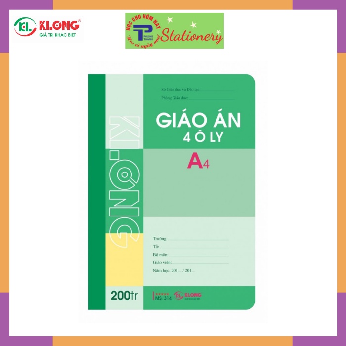 Sổ giáo án Klong 4 ô ly (2.5x2.5), 5 ô ly A4 120tr, 200tr; MS: 312T4, 314T4, 312T5, 314T5