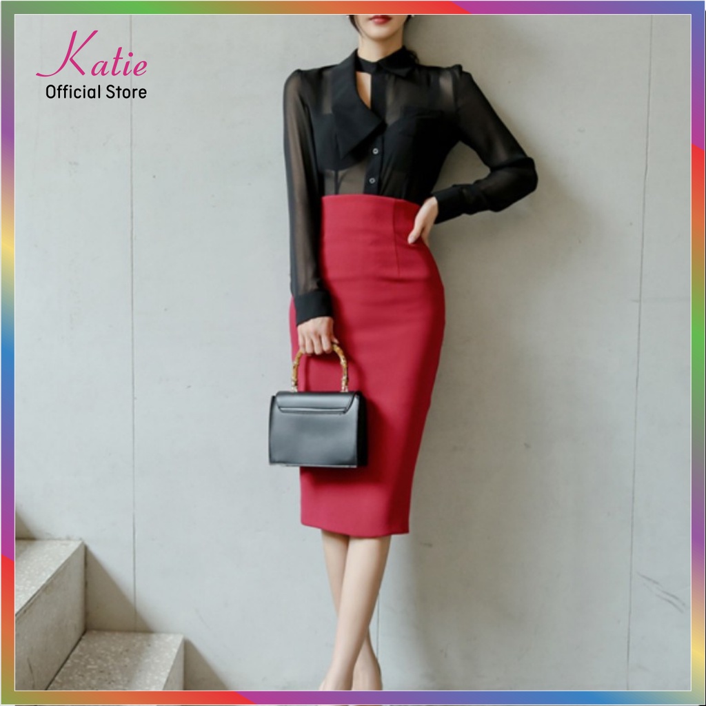 Chân Váy Công Sở Dài Qua Gối Màu Đỏ Đô  63cm Katie Váy Bút Chì BigSize 40 đến 80kg Co Giãn 4 Chiều Không Cần Ủi Cv888