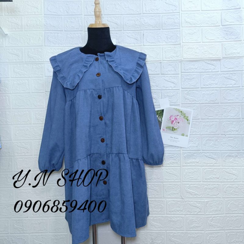 Váy Đầm Babydoll Cổ Bèo Tay Dài Tiểu Thư Chất Nhung Tăm