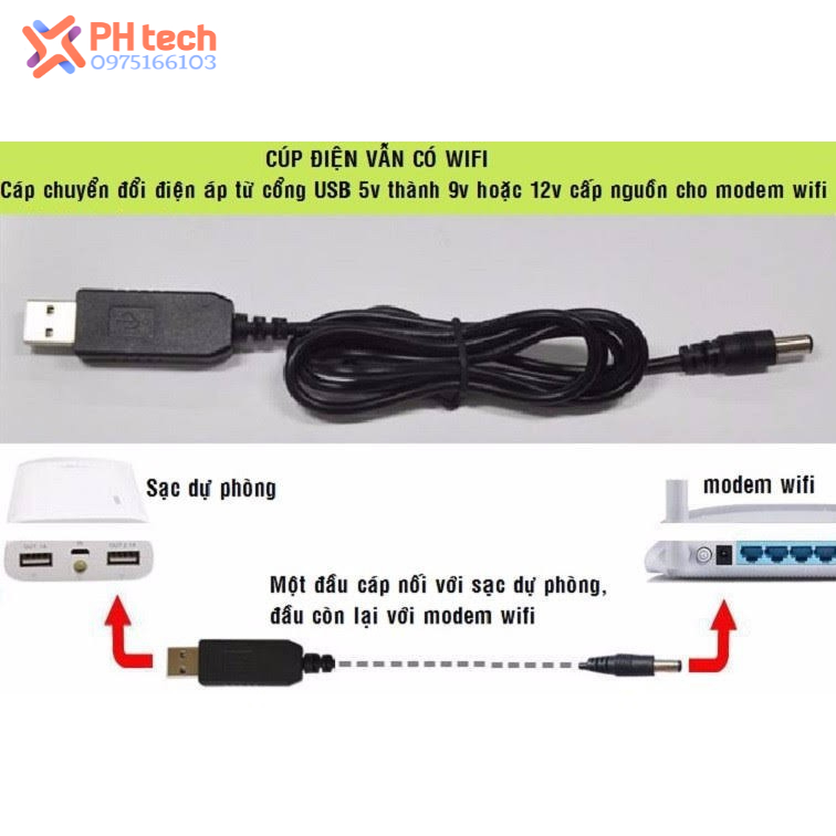 Cáp Chuyển Nguồn 5V Ra 12V  Cho Modem, Router, Phát Wifi