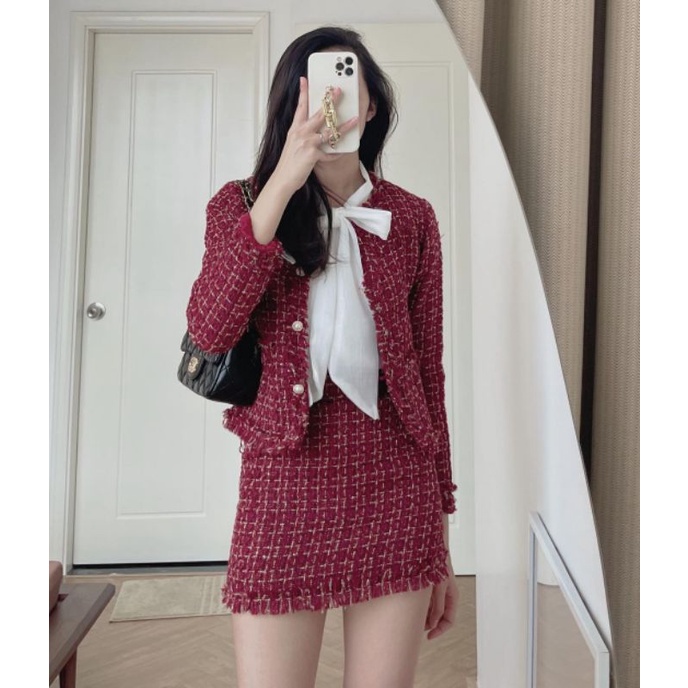 Set dạ tweed kim tuyến đỏ, trắng, đen 2 món