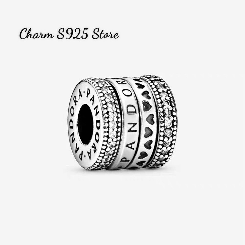 charm pan hình trụ đính đá hoạ tiết logo xoay bạc s925 cao cấp