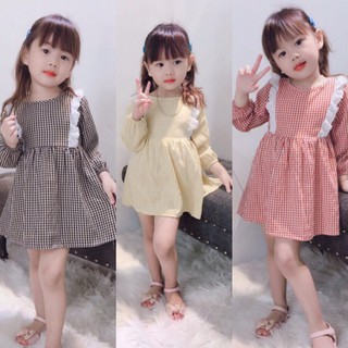 [Kho buôn] Váy kẻ viền nơ hàng thu đông cho bé gái cực duyên dáng, váy đầm bé gái