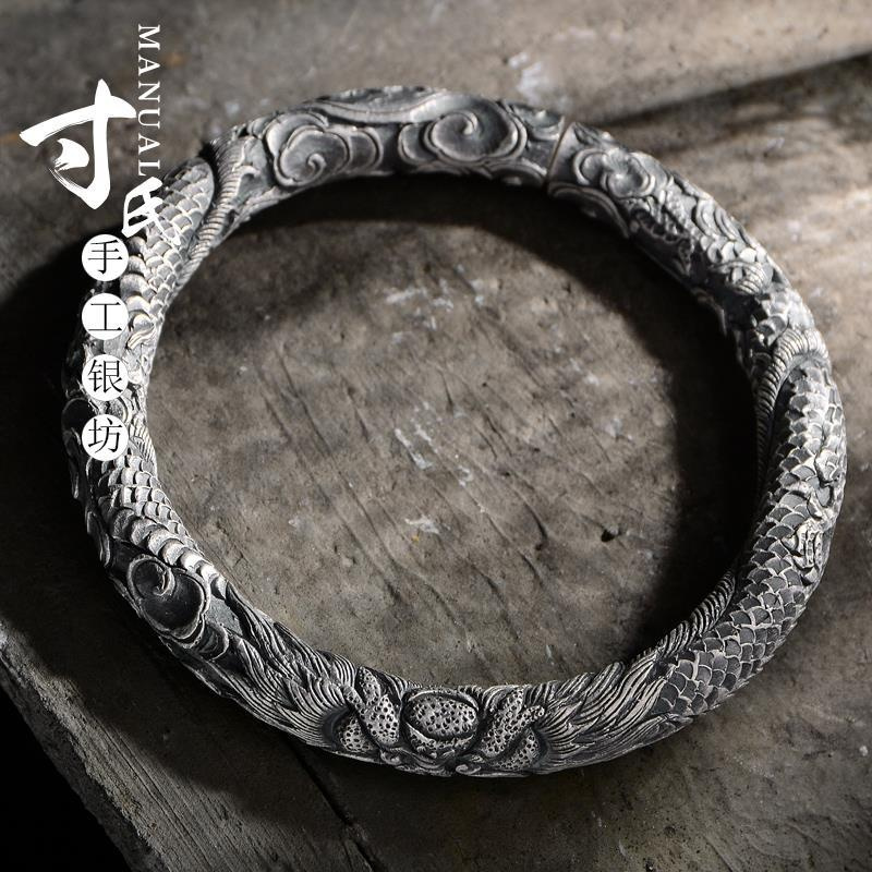 S999 Bạc Nguyên Chất Nam Bạc Sterling Vòng Tay Vân Nam Handmade Bông Tuyết Vòng Tay Bạc Đơn Đầu Rồng
