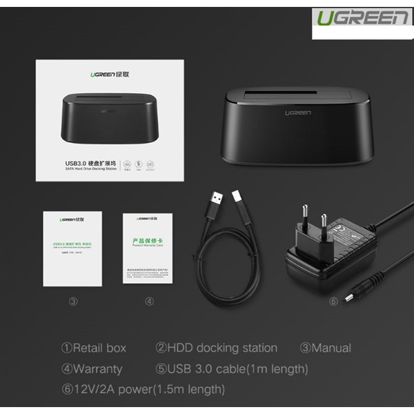 Hộp đựng ổ cứng Docking 2.5/3.5inch Sata/USB 3.0 hỗ trợ 12TB Ugreen 50740 - Hàng chính hãng