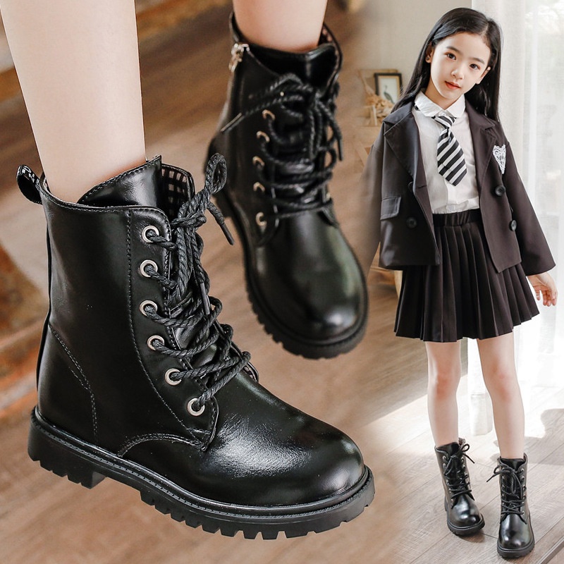 Giày bốt kiểu dáng quân đội thời trang cá tính cho bé gái size 27-38 màu Đen Boots trẻ em da mềm đế êm phong cách mới