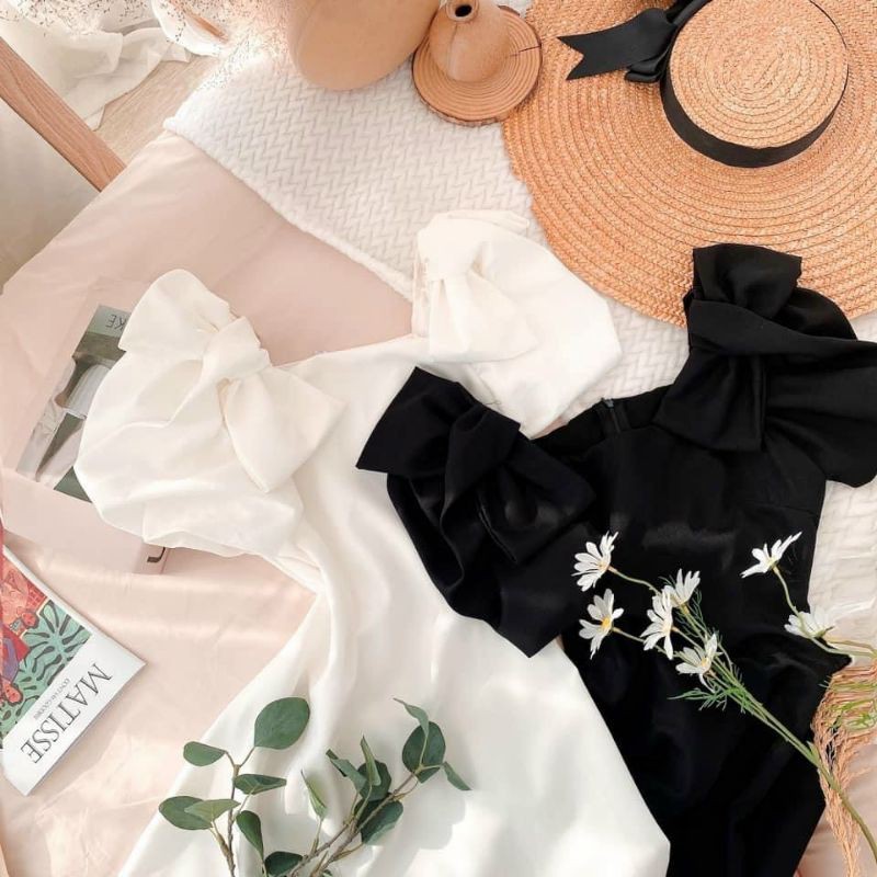 Đầm dự tiệc trắng đen nơ vai 2 kiểu