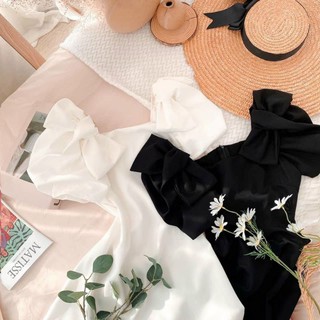 Đầm dự tiệc trắng đen nơ vai 2 kiểu