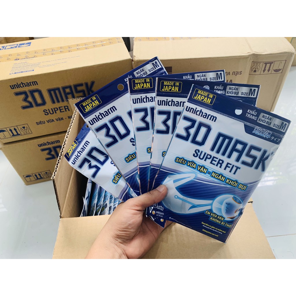 Thùng 48 Gói Khẩu Trang Unicharm 3D Mask Super Fit Ngăn Khói Bụi Size M (5 Miếng/Gói)