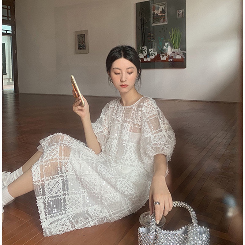 Đầm tay phồng phối ren phong cách Hàn Quốc thời trang hè cho nữ