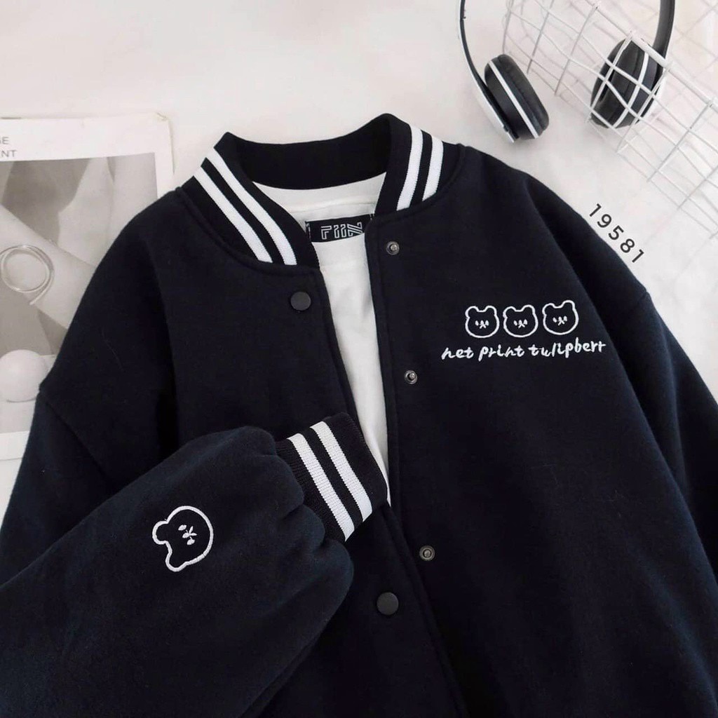 Áo khoác bomber nỉ bông unisex thêu 3 chú gấu