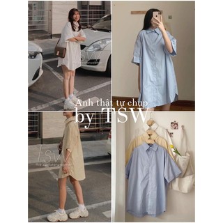 Váy sơ mi thô tay gập form rộng oversize shirt dress (Ảnh thật)