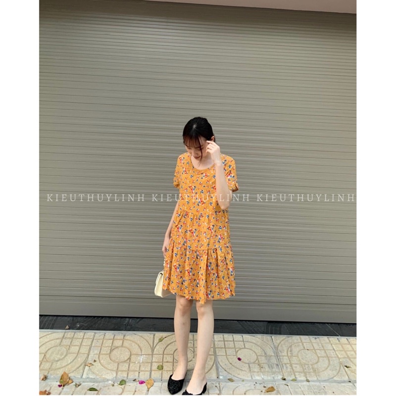 Váy Bầu Thời Trang Suông Xinh Dáng BabyDoll Hoa Nhí Màu Vàng Có Ảnh Cận Chất (Ảnh thật)