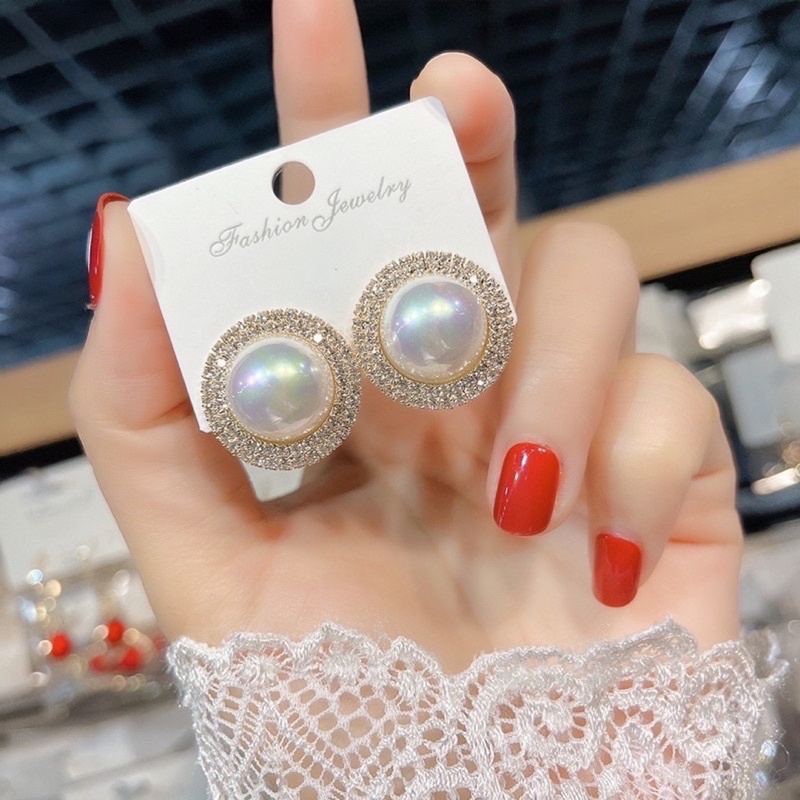 Bông Tai Pha Lê Tròn Nụ Ngọc khuyên tai tròn phụ kiện nữ trang Hari Korea Accessories