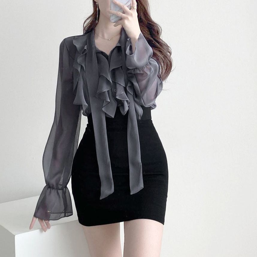 Set áo sơ mi mỏng + chân váy ngắn thời trang xuân hè cho nữ có bán lẻ