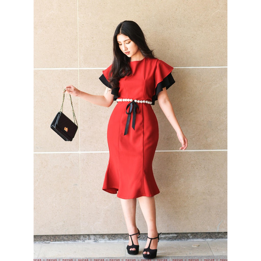 Đầm Cascade Sleeve Pearl Belt mixed Black Red Dress HAVIAS