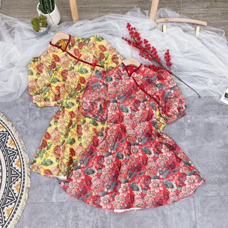 Váy gấm cổ tàu dáng xoè