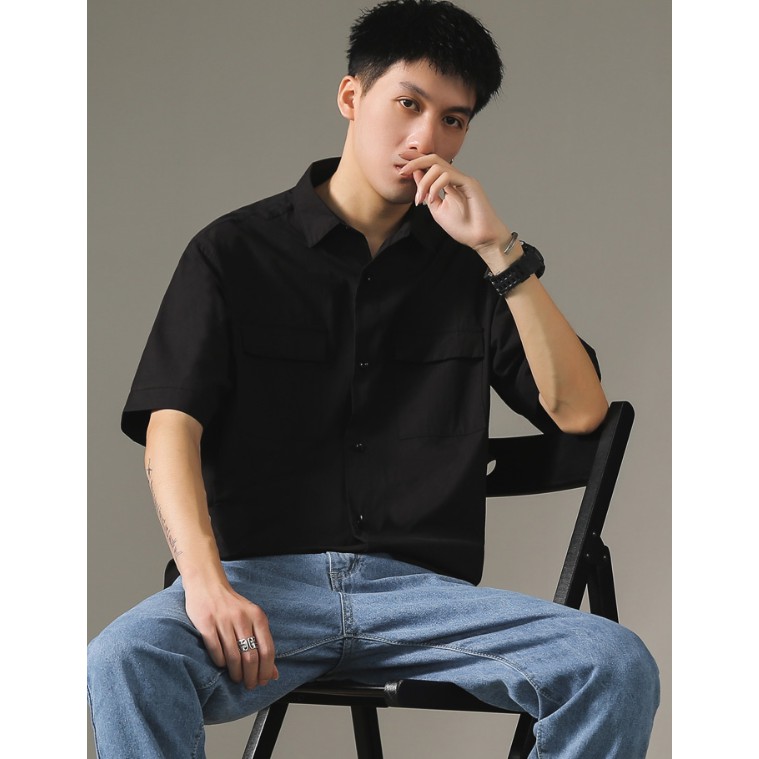 Áo sơ mi đen ngắn tay unisex nam nữ siêu hot- A3 | BigBuy360 - bigbuy360.vn