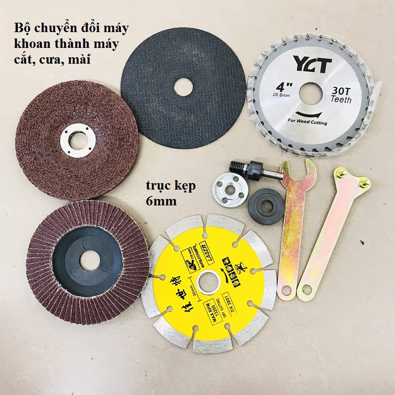 Bộ chuyển đổi máy khoan kèm đĩa cắt sắt cắt gạch cắt gỗ đá mài,đánh bóng trục 6mm - 10mm kèm bộ 6 món hoặc bộ 8 món