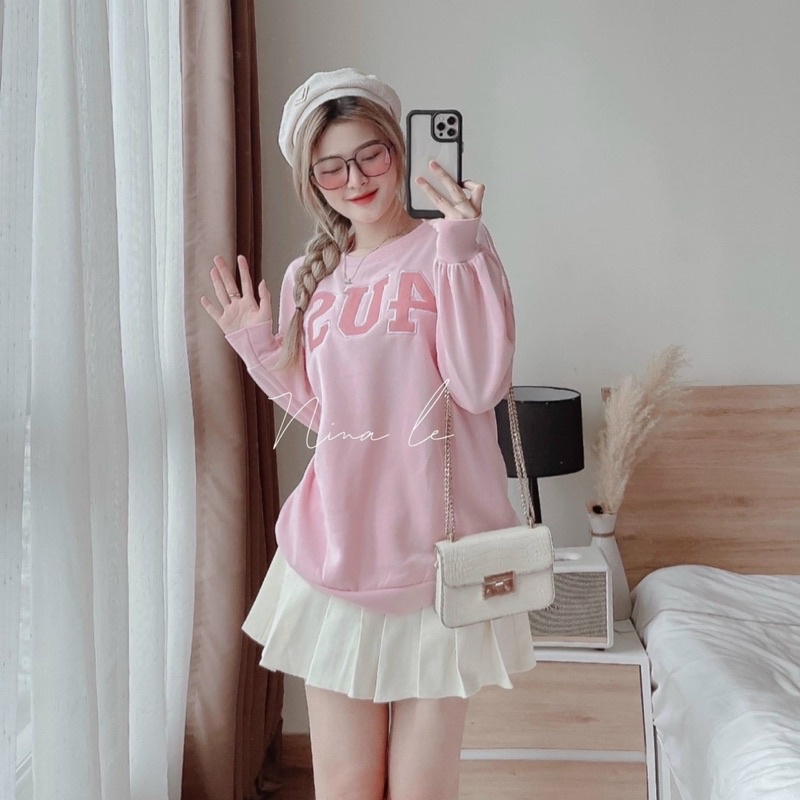 Sét váy thời trang nữ mặc đi chơi áo nỉ tay dài thêu chữ mix chân váy xếp lý có lót chất tuyết mưa