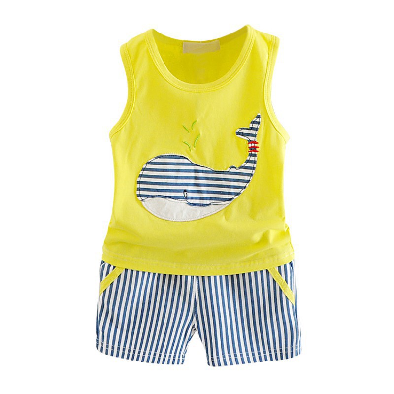 Set áo thun không tay họa tiết cá voi kèm quần ngắn kẻ sọc thoải mái cho bé trai