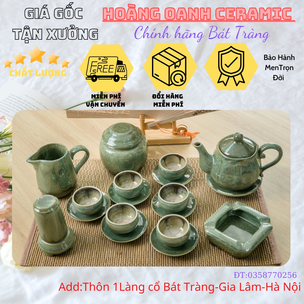 (CHỌN MẪU)Bộ Ấm Chén Pha Trà Hoả Biến Bát Tràng-hàng nhà lò giá tận gốc,men Xanh Thiên Thanh dáng ấm quả Hồng